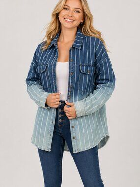 White Birch Denim Shacket Blue Ombre Stripe Button Up Large